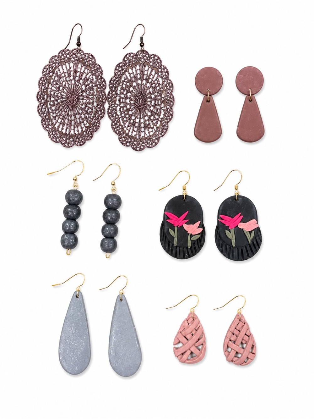 Mixed Women’s Earring Set - Pink, Black, Gray, Mauve